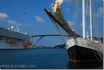 Links liegt das Kreuzfahrtschiff "Norwegian Sun"